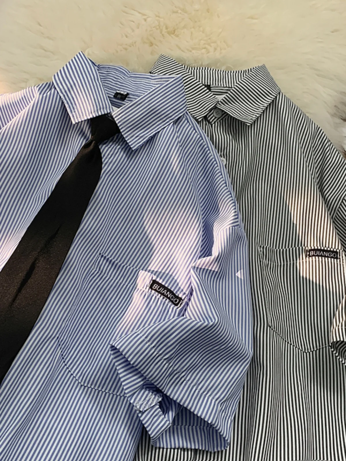 

Men's Striped Shirt Short Sleeve Loose Fit Summer Casual Versatile Couple's Clothing Sharp Collar No Iron Treatment