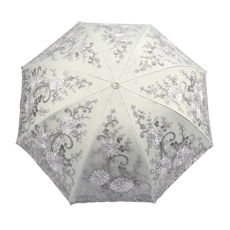 2026 New Embroidered Princess Umbrella Vinyl Parasol Embroidered Lace Sun Umbrella Triple Folding Umbrella