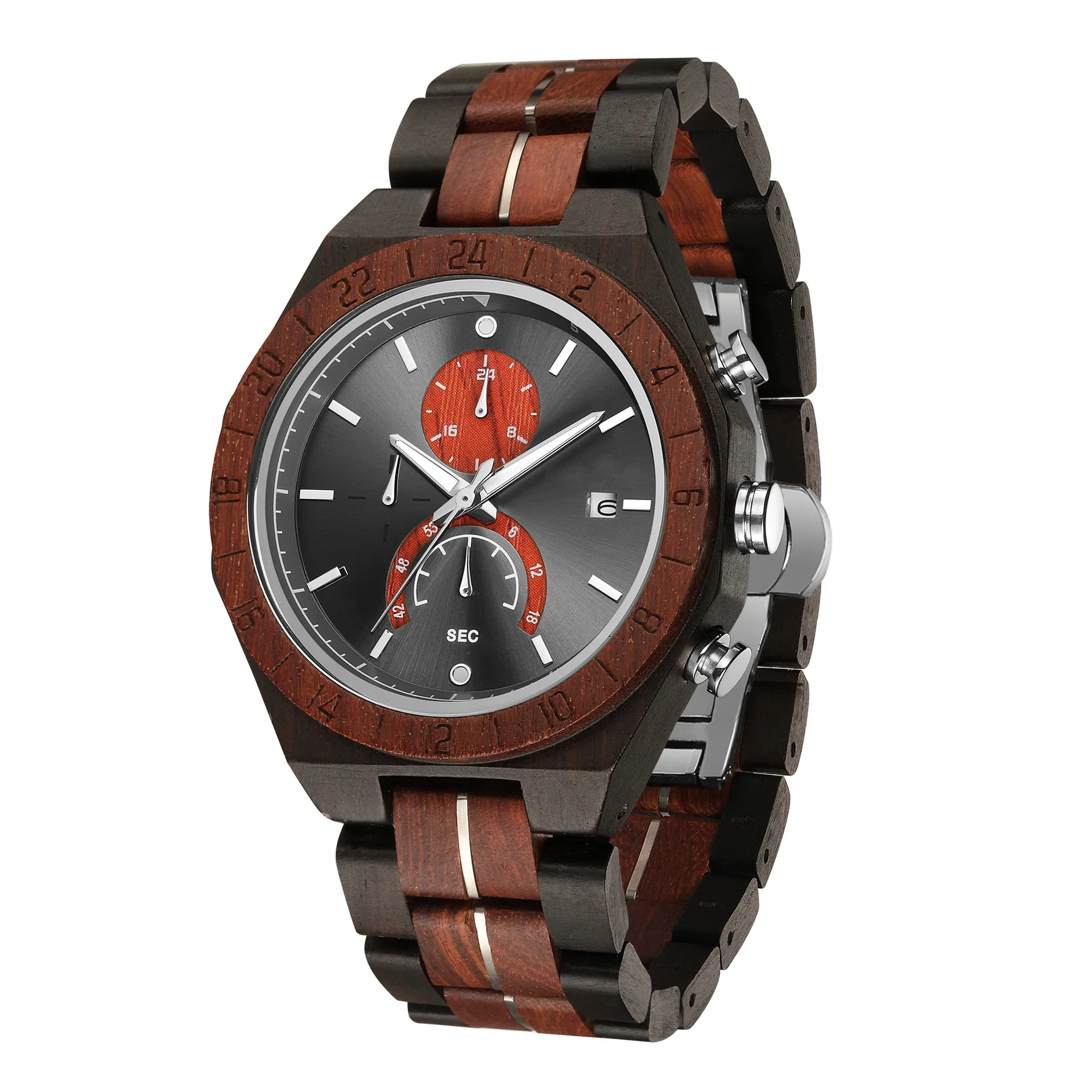 New wooden watches for men, men's fashionable three eye six pin multifunctional stainless steel quartz watch