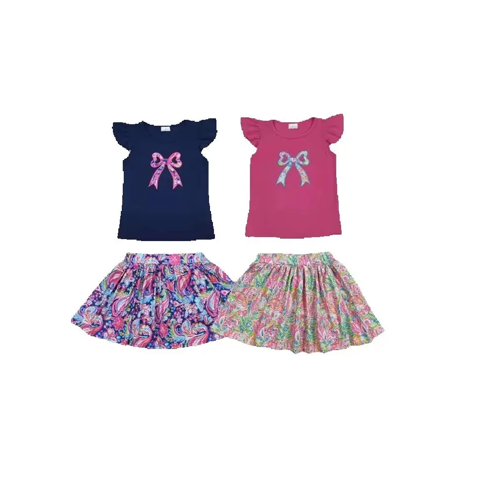 

Ready to Ship Kids Girls Lovely Clothes Sets 2pcs Floral Bow Embroidery Short Fly Sleeve T-Shirt Skirt Shorts Summer Outfit