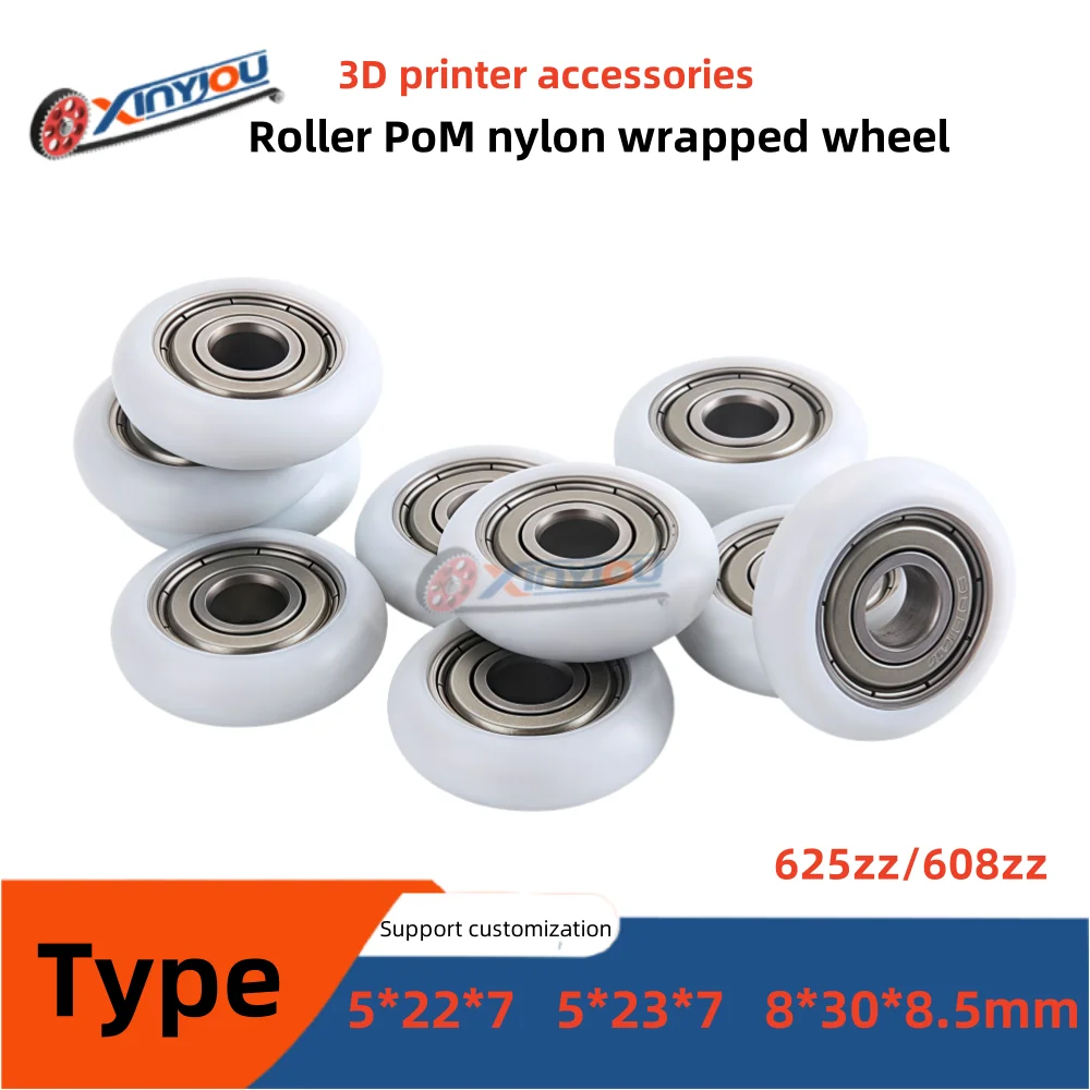 

3D printer accessories 5*22*7/5*23*7mm(625zz) 8*30*8.5(608zz)mm Micro Nylon Wheel POM Coated Pulleys Mini Plastic Bearing