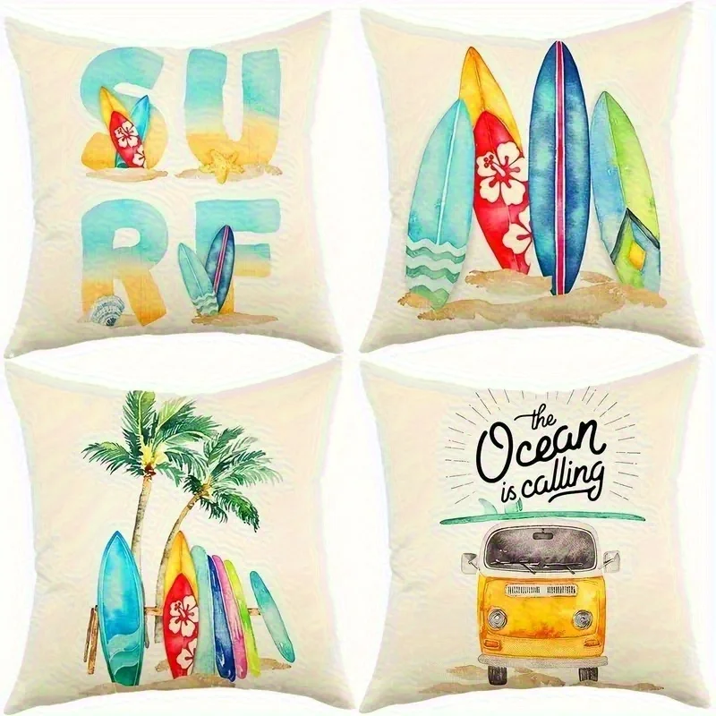 Quad Pack Surfboard Printed Pillow Covers Beach Ocean Tropical Summer Nautical Shams Home Decor