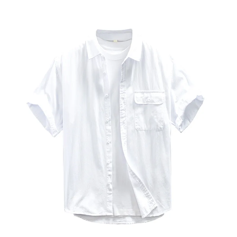 Camisa de algodón holgada para hombre, camisa informal de manga corta, Color sólido, transparente, verano, 2023