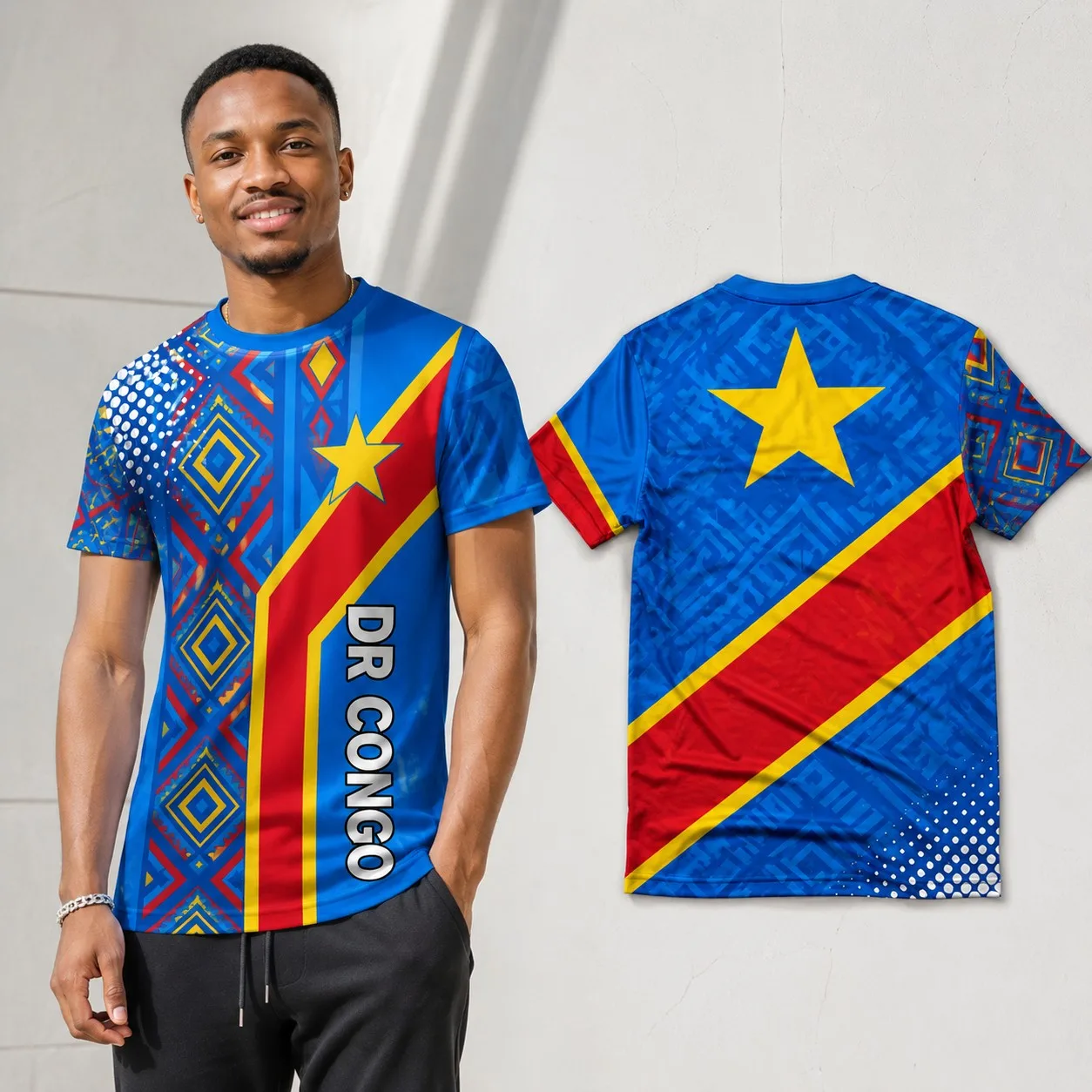 Mens DR Congo Crew Neck T Shirt Tribal Flag Geometric Graphic Short Sleeve Casual Summer Pullover Top Streetwear For Men Fashion