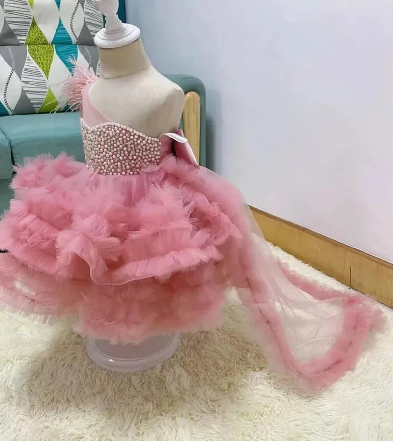 Pink Flower Girl Dress Tulle Pearls Puffy Single Shoulder Baby Girl Party Gown Fairy Kids Dance Dress First Communion Dress