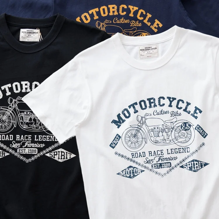 

American Retro Pure Cotton round Neck Motorcycle Print Half Sleeve Men's Summer Ameika Short Sleeve T-Shirt Casual Style