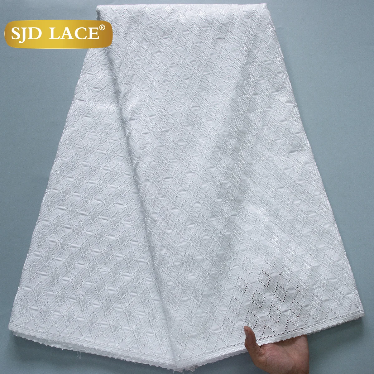 

SJD LACE Белая африканская нигерийская хлопковая кружевная ткань Мужские костюмы 2025 Новейшая швейцарская хлопковая кружевная ткань 5 ярдов для шитья на свадьбу 3822