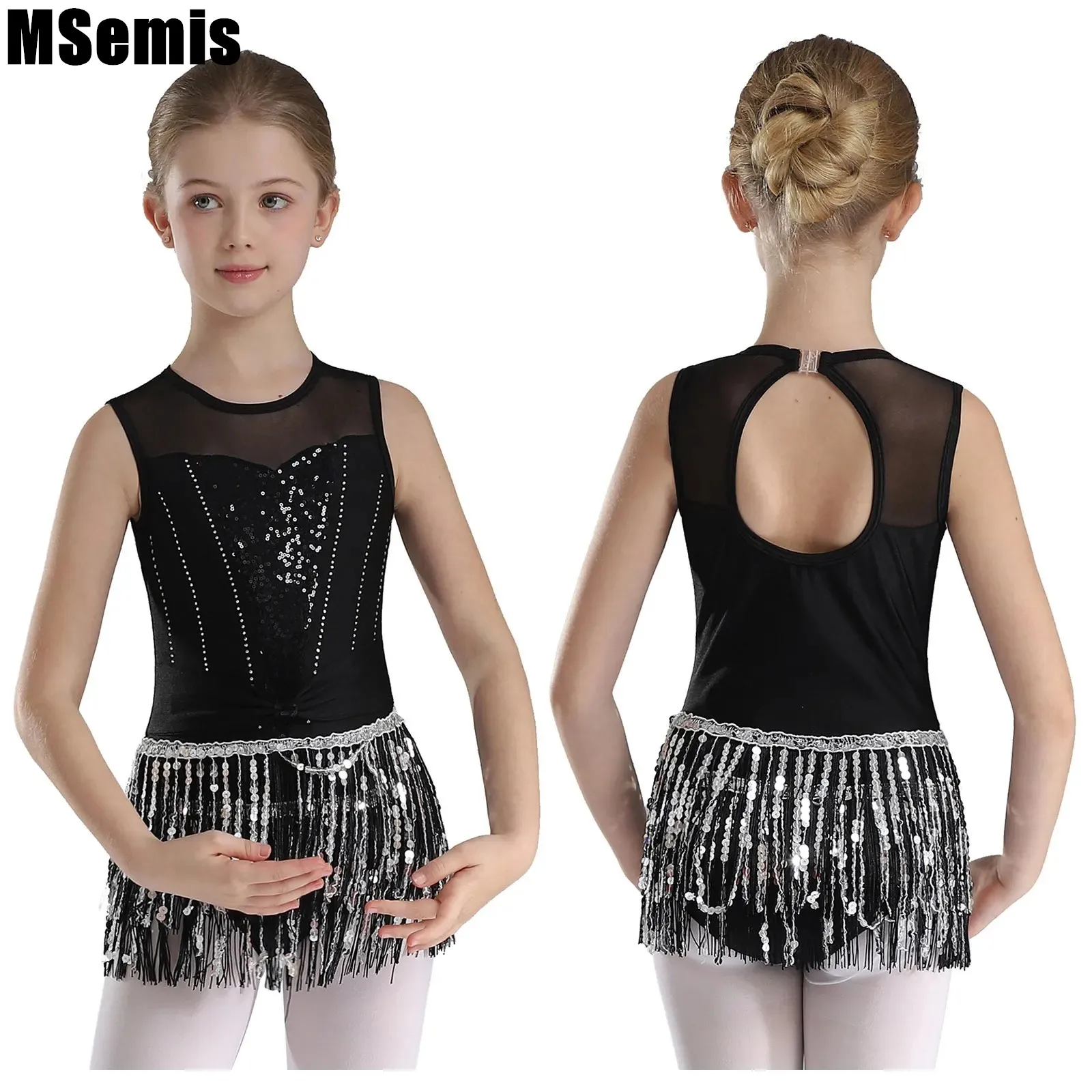 

Kids Girls Sequins Tassel Dance Leotard Shiny Rhinestone Mesh Patchwork Keyhole Back Bodysuit for Tango Cha-Cha Performance