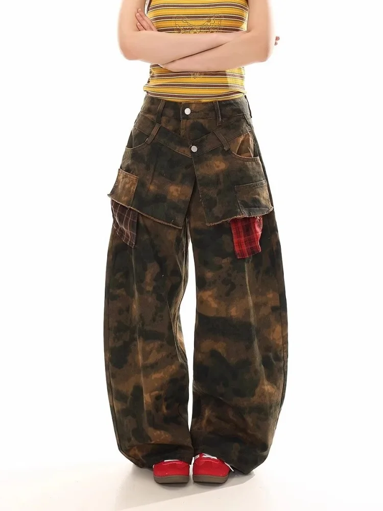 

2025 Cyber Y2K Streetwear Vintage Camouflage Baggy Stacked Jeans Pants For Women Clothing Wide Leg Lady Trousers Pantalon Femme