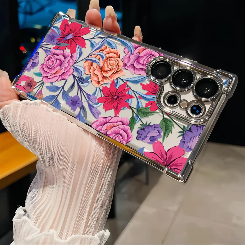 Soft TPU Phone Case For Samsung Galaxy A07 A06 A04 A03 Core A02 A02S A03S A05 A04S A05S Flowers Pattern Shockproof Plating Cover
