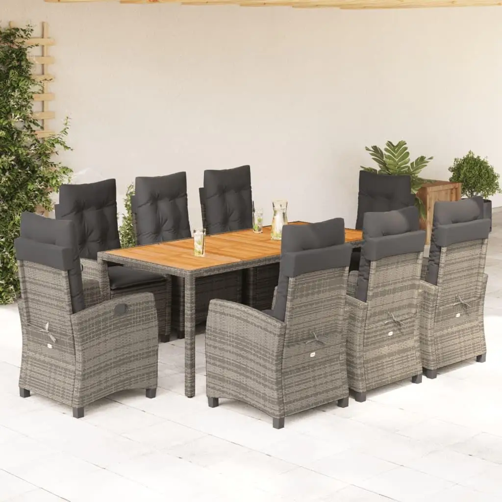 

9 Piece Outdoor Patio Dining Set with Gray Cushions Poly Rattan Furniture Garden Dining Table and Chairs Set