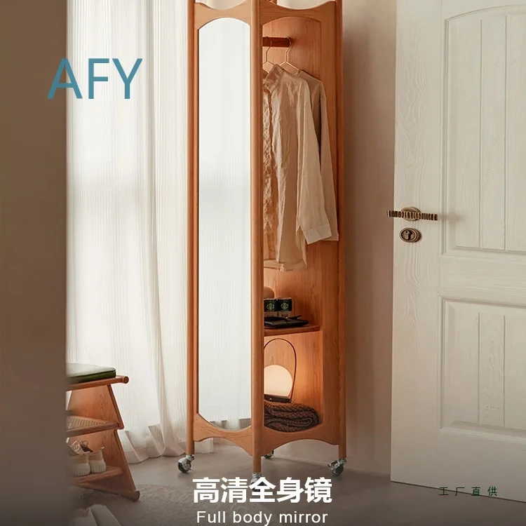 Vintage Style Solid Wood Rotating Clothes Rack with Full Length Mirror Cabinet and Magazine Holder for Bedroom Use Mobile