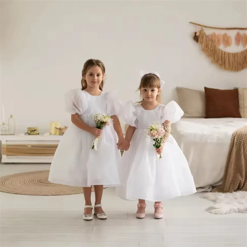 

Elegant Puffy Sleeves White Flower Girl Dress for Wedding Princess Birthday Party Pageant Dress Holy Communion Gown Customized