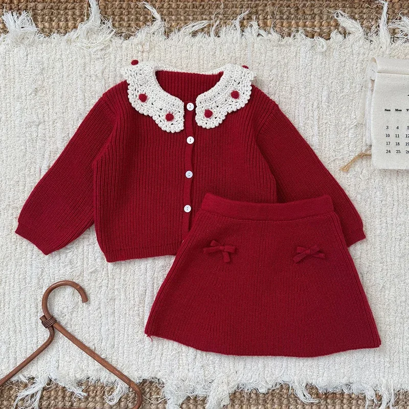 2026 New Spring 1-5Yrs Baby Girls Clothing Set Children Knitted Clothes Suit Long Sleeved Knitted Cardigan Coat Short Skirt