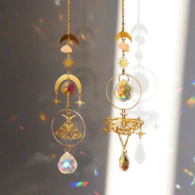Crystals Sun Catcher Hanging Pendants Dreamcatcher Wind Chime Rainbow Prism Moon Catcher Wind Bell Home Garden Hanging Crystals