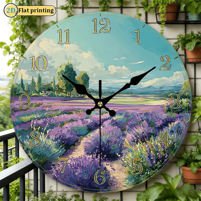 2D Flat. 1pc, Farmhouse Style pvc Wall Clock, Purple Lavender Field Design, Serene Nature Timepiece, Silent Round Clock