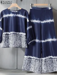 ZANZEA 2025 Spring Loose 2pcs Outfit Wide Leg Pant Long Sleeve Blouse Vintage Print Women Pant Sets Casual Holiday Trouser Suits