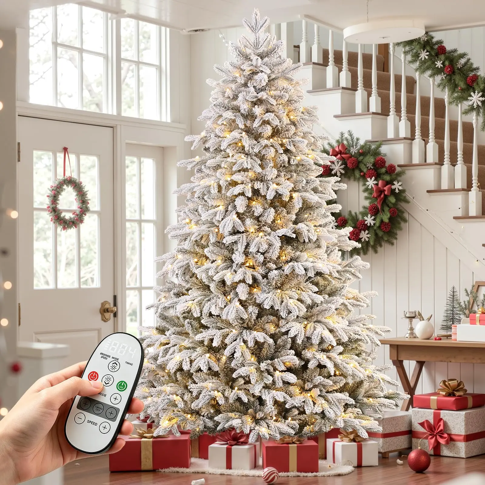 Prelit Artificial Flocked Christmas Tree 6FT & Multi-Color Lights