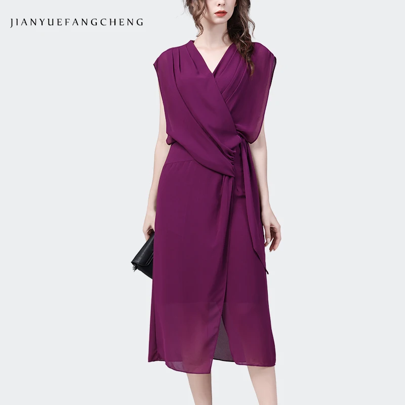 

Women Summer Sleeveless Purple Chiffon Dress Elegant Irregular Design High Waist A-line Mid-length Fashion Flowing Casual Dress