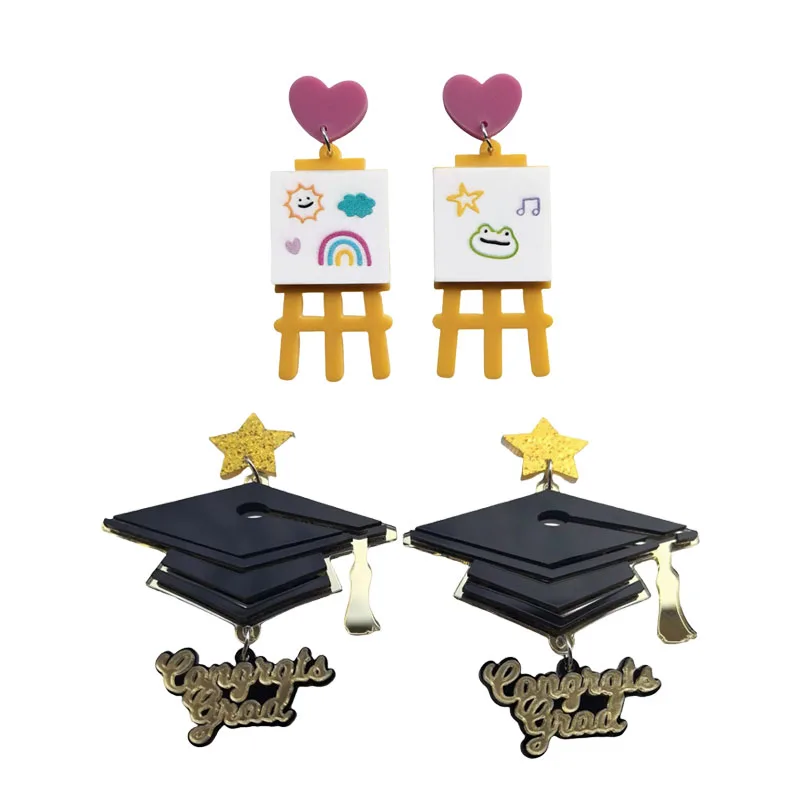 

New Acrylic Graduation Season Doctoral Hat Congrara Grad Letter Earrings Cute Cartoon Drawing Board Mini Sun Rainbow Earrings