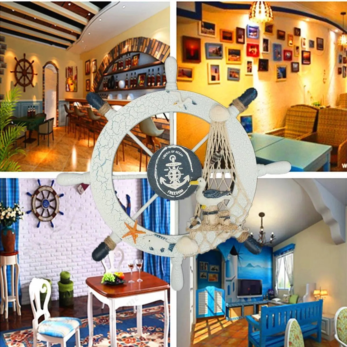 

Wooden Rudder Decoration Beach Net Accessories for Home Bamboo Boat Wheels Theme Wall Seaside