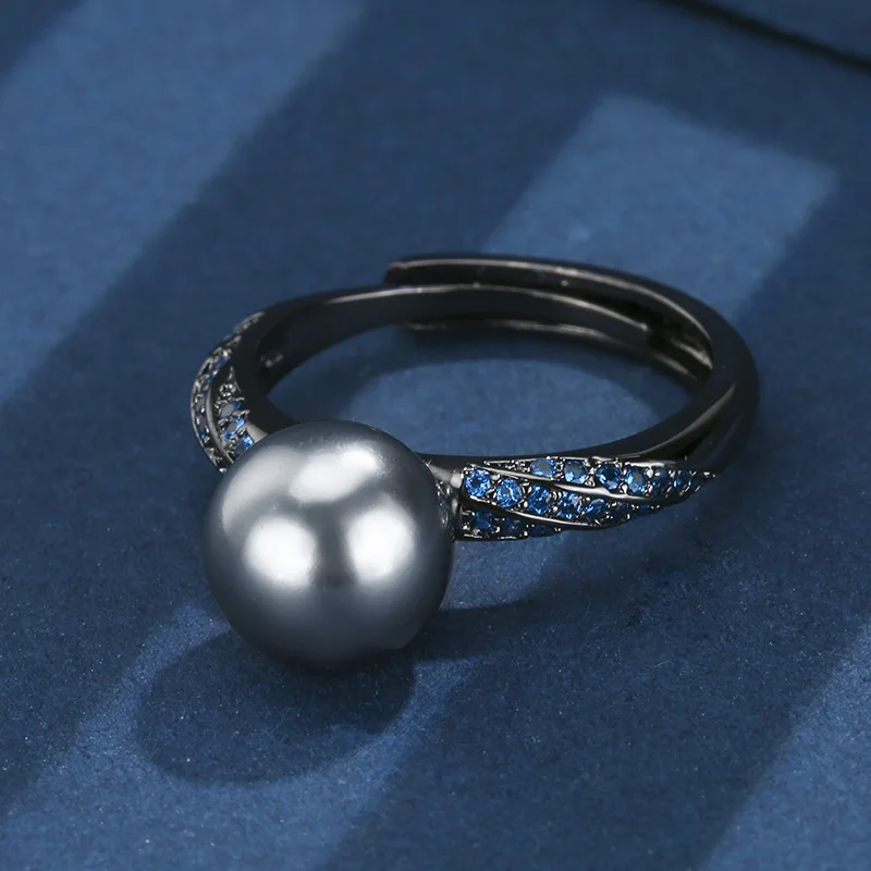 

New jewelry copper gold-plated pearl simple niche black gold ring for women 10mm wholesale