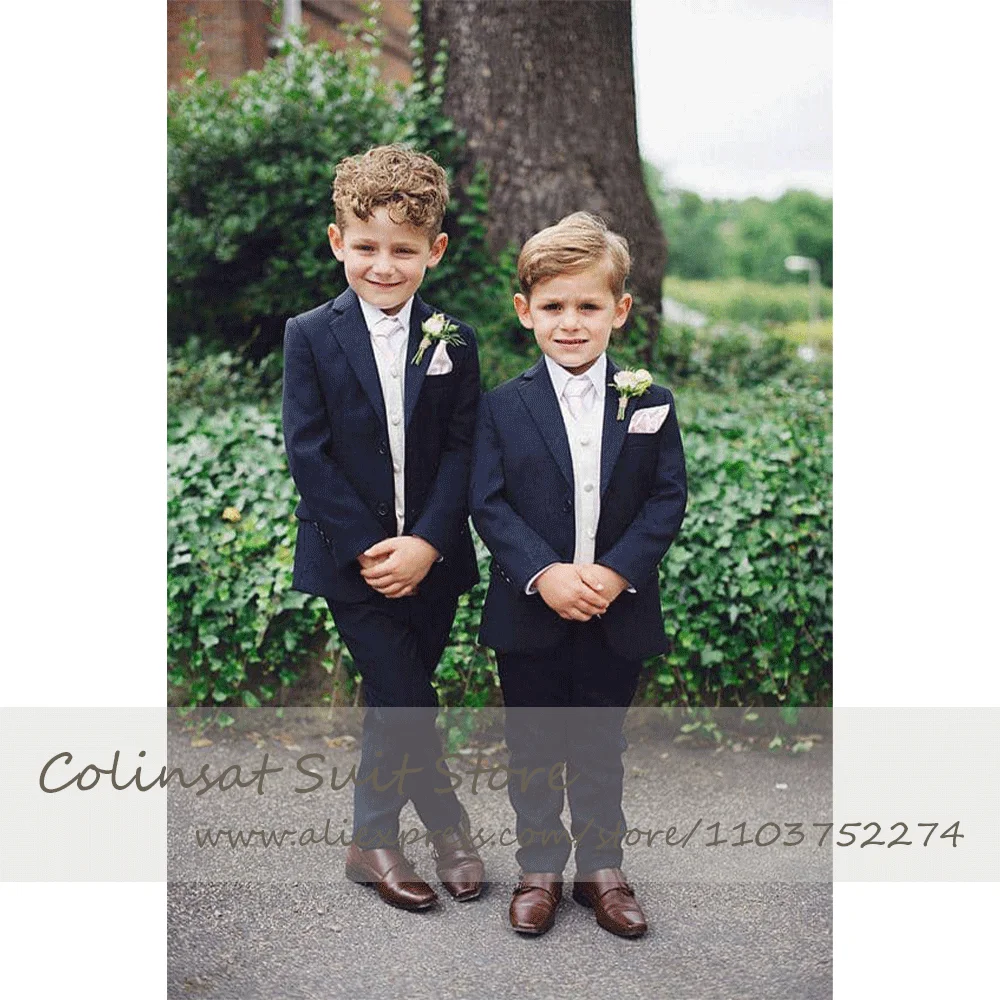 Ring Bearer Wedding Tuxedo 2 Piece Formal Suits for Boys Notched Lapel Jacket Pants Set Navy Kids Outfits Custom Size 3-16 Years