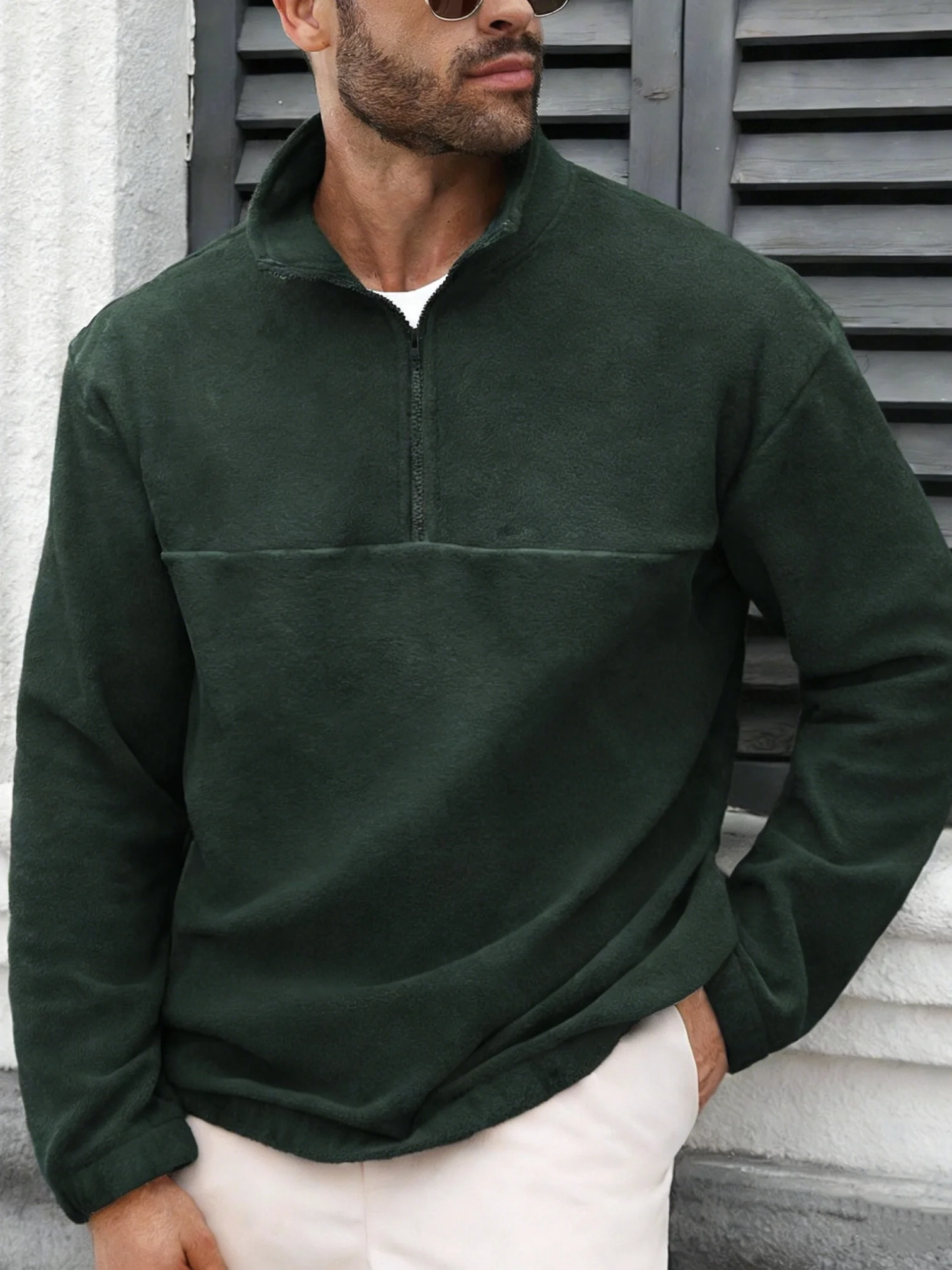 European and American style men's solid color fleece semi open zipper sweatshirt stand up collar pullover popular