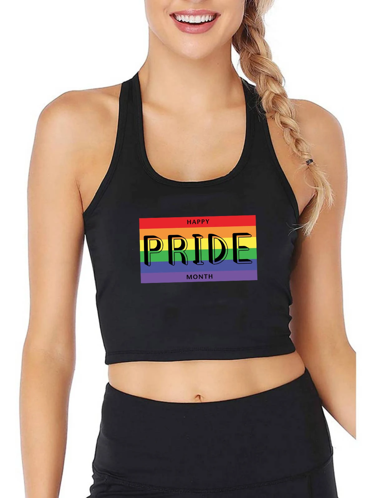 

Happy Pride Momth Design Sexy Slim Fit Crop Top Bisexual Rainbow Flag Graphic Tank Tops Gym Fitness Camisole