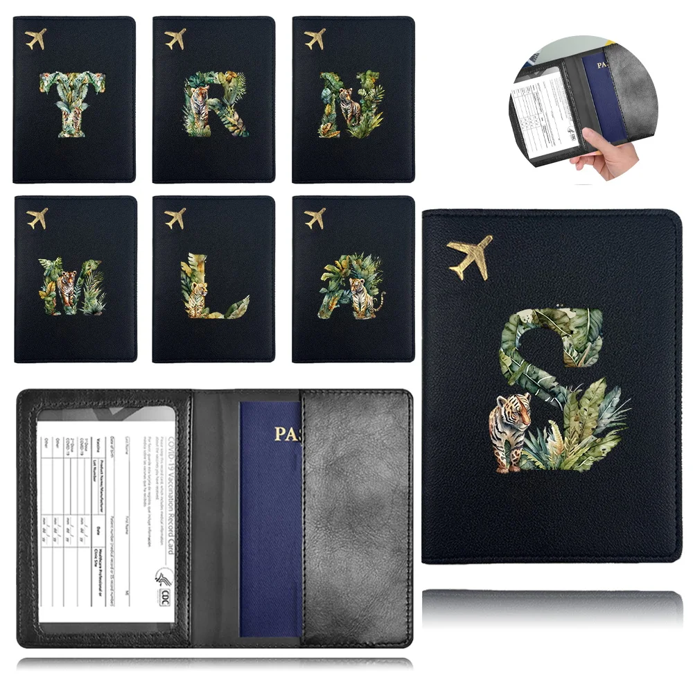 Pu Personalized Passport Case Airplane Travel Passport Cover Pocket Business Bank Card Passport Clip Jungle Tiger Letter Pattern