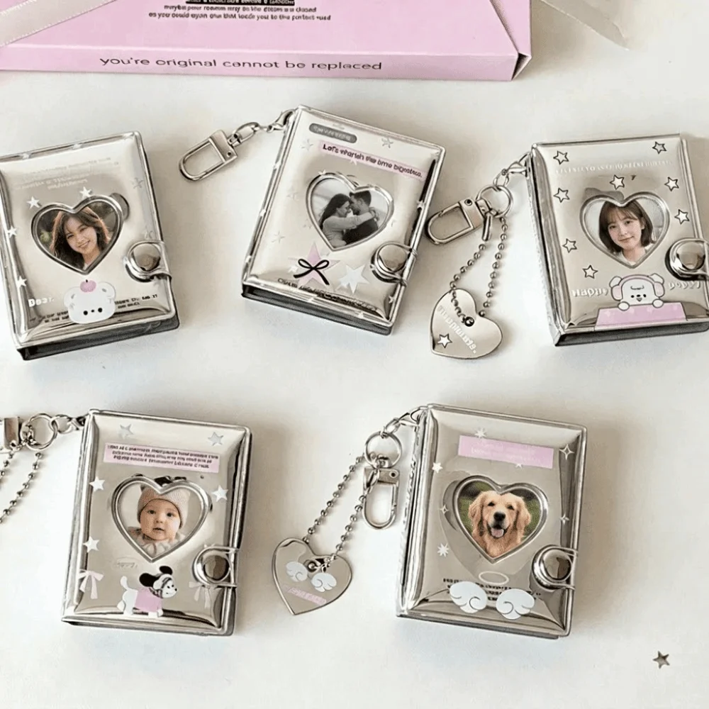 Silver Glossy Mini Photo Album Mini Size Clear Pocket Book Bag Pendant Collectible Portable Album Keychain School Stationery