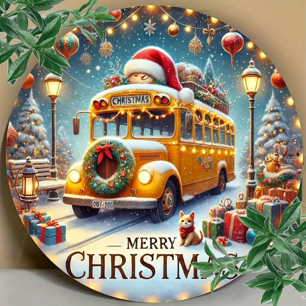 لافتة حافلة صفراء لعيد الميلاد الريفي، لوحة، حافلة ثلجية احتفالية مع إكليل وقبعة سانتا، تحية "عيد ميلاد سعيد"