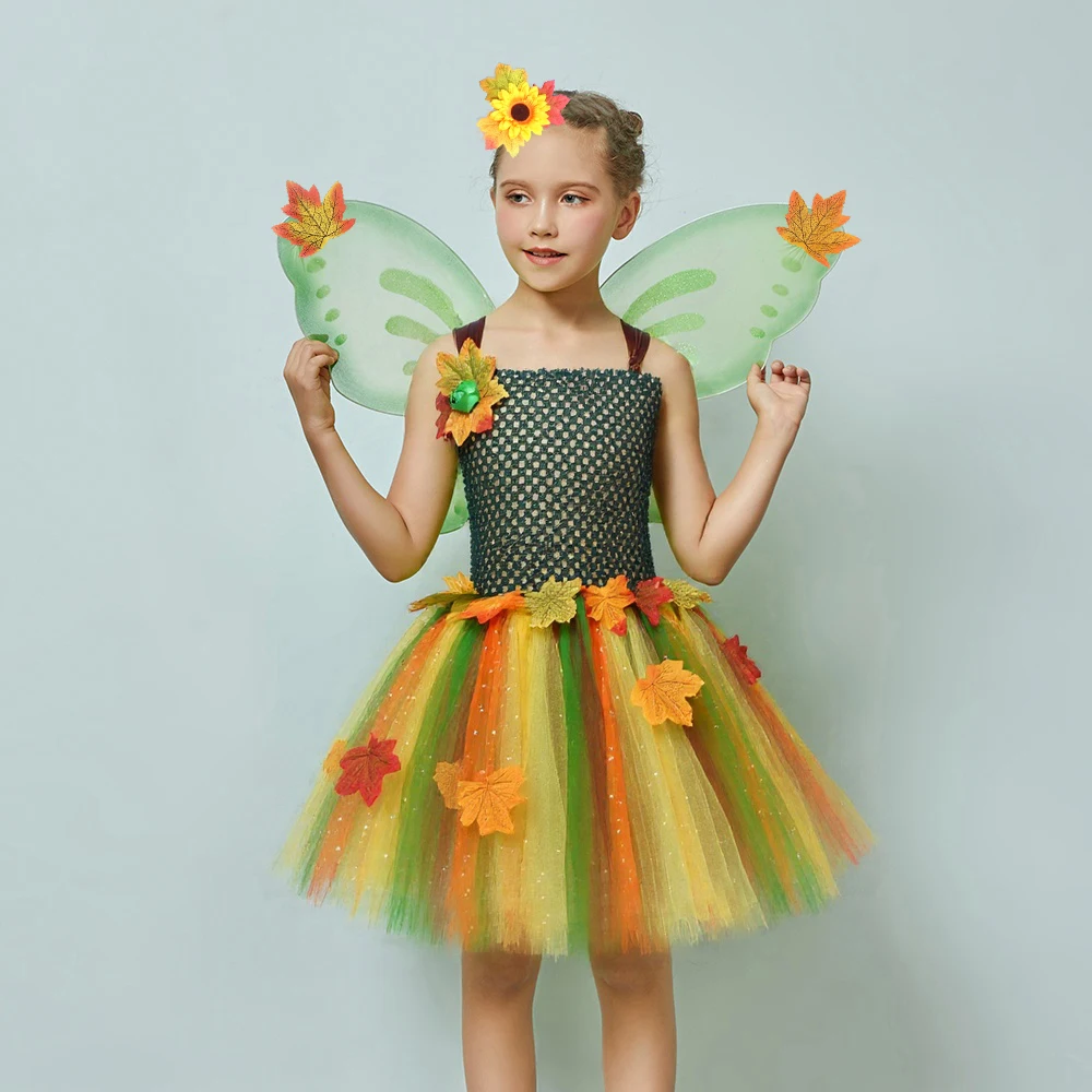 Autumn Maple Leaves Fairy Tutu Dress Girls Forest Woodland Elf Princess Costume with Wings Children Halloween Carnival Outfit
