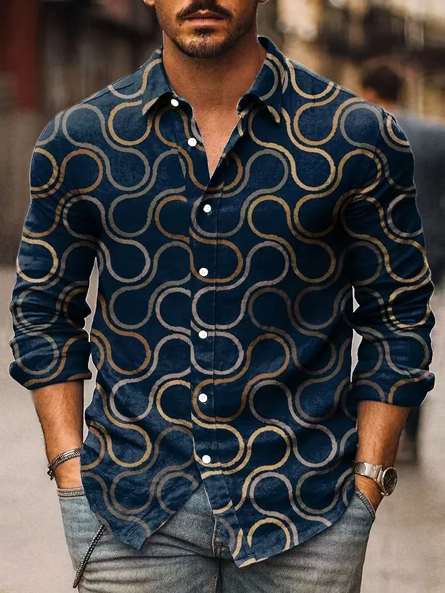 قميص رجالي بأكمام طويلة بطباعة هندسية، قميص أنيق بياقة بأزرار سفلية، مناسب للترفيه والعطلات في الهواء الطلق #5