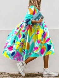 Women Fashion O Neck Loose Office Party Dress Elegant Floral Printed A-Line Dress Casual Half Sleeved Boho Beach Dress Vestidos