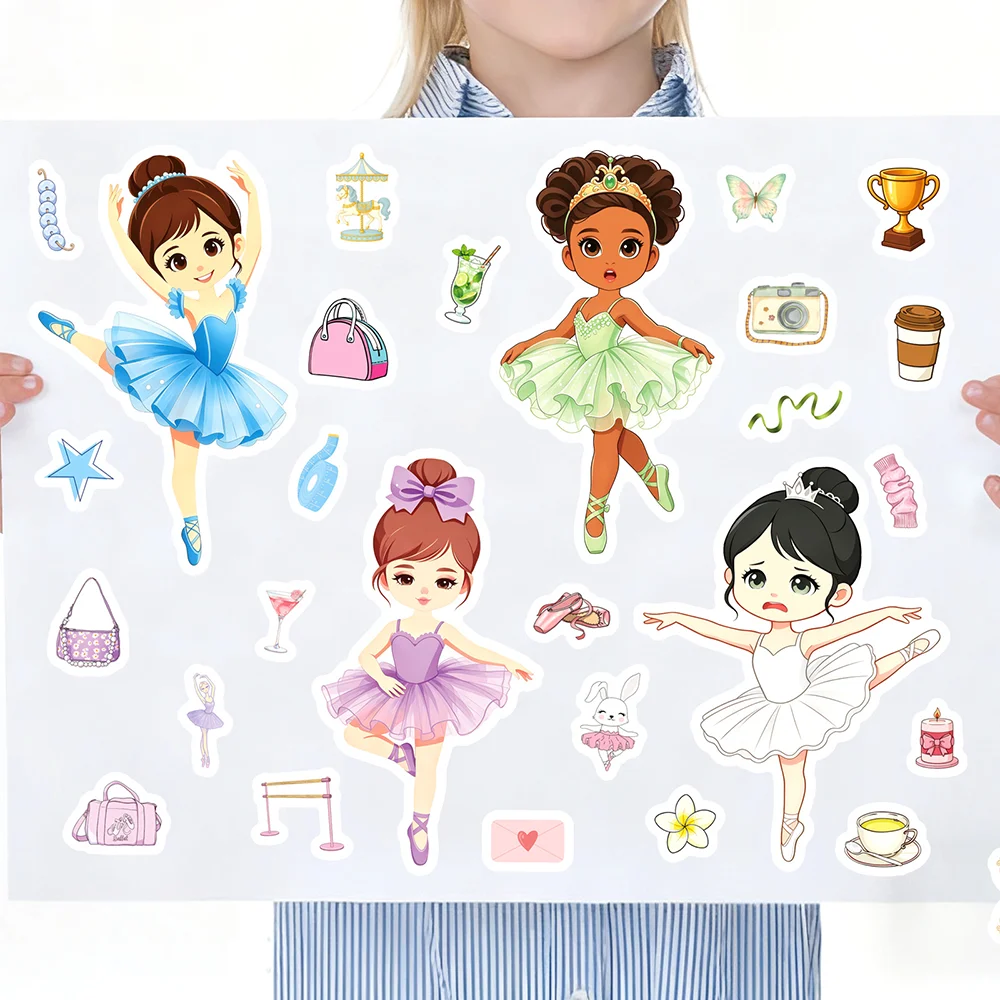 8/16Sheets Cartoon Ballet Girl Making Face Puzzle Stickers PVC Material Decoration DIY Phone Notebook Waterproof Daily Stickers.