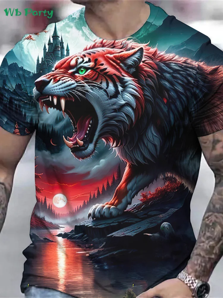 

Винтажные футболки с рисунком тигра, летняя уличная мужская футболка с короткими рукавами, модные мужские топы с круглым вырезом, трендовая дышащая мужская одежда