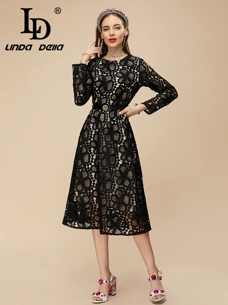 LD LINDA DELLA 2023 Summer Runway Designer Vintage Dress Women's Black Round Neck Hollow Out Print Belt Slim Fit Dress