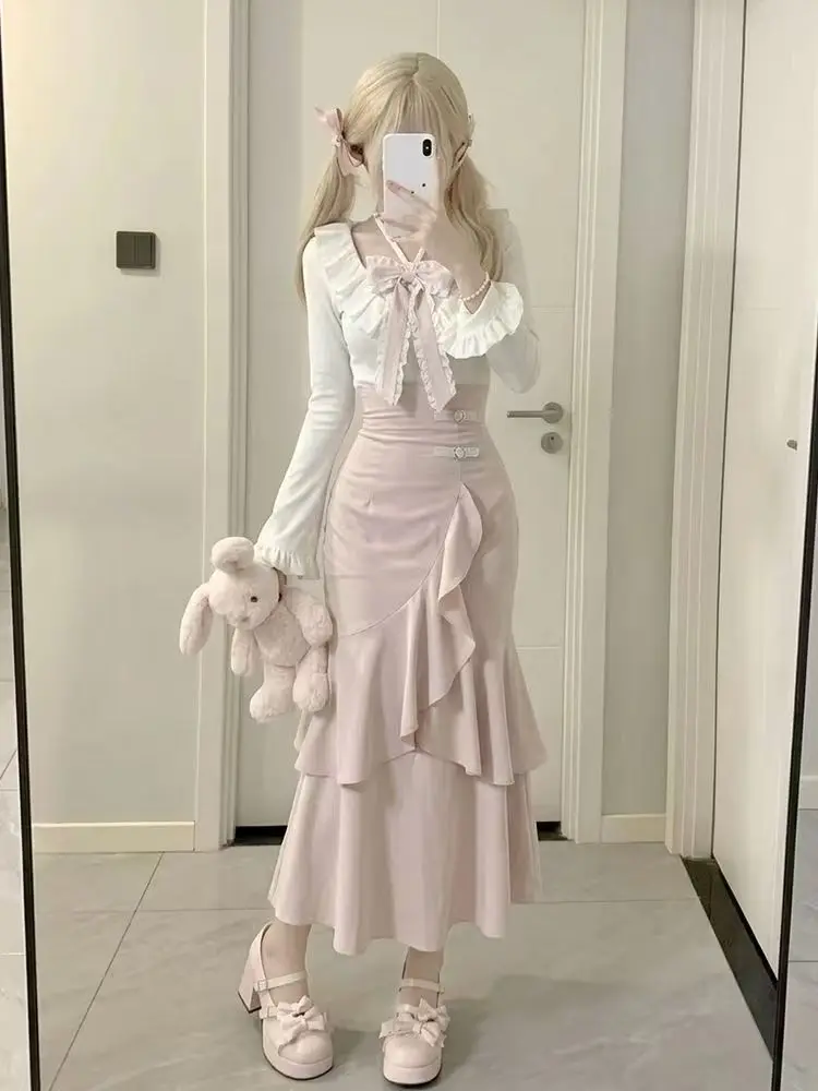

French Elegant Ruffle Halter Neck 2 Piece Set Women's Pink White Blouse High Waist Fishtail Skirt Heart Buckle Date Party Outfit