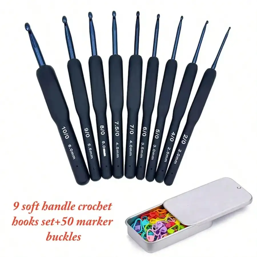 Juego de 9 piezas de ganchillo con mango suave azul, incluye marcadores de punto, ganchos ergonómicos de 2 a 6 mm y agujas de ganchillo suaves, ideal para principiantes.