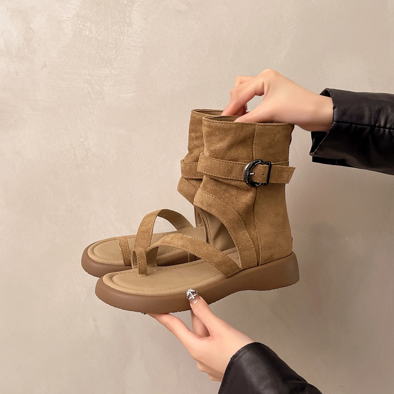 Women Summer Thong Roman Ankle Sandal Boots Platform Retro Suede Buckle Back Zipper Non Slip Rubber Sole Casual Walking Shoes view 4