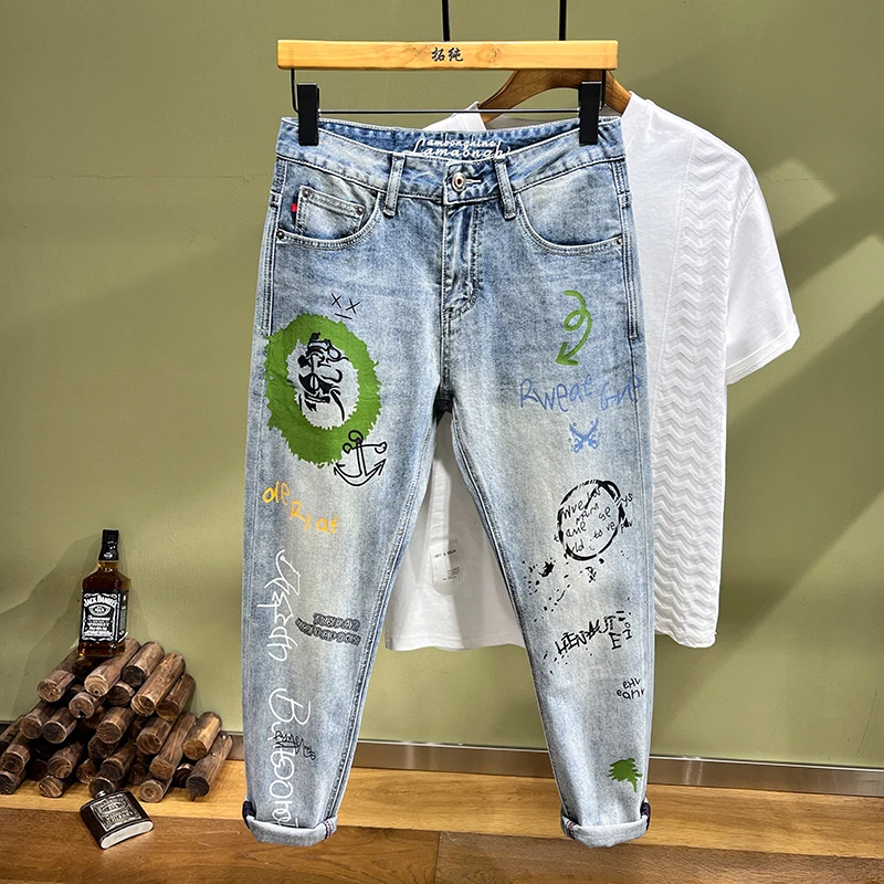 Hoge Kwaliteit Blue Jeans Heren Mode Street-Hop Persoonlijkheid Groene Brief Print Punk Stijl Jeans Stretch Slim Versie