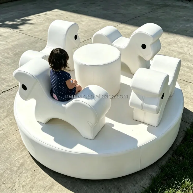 Easy to Assemble White Animal Ride Spin Carousel Soft Play Equipment Sensory Play for Indoor/outdoor Mall Daycare Party Hire