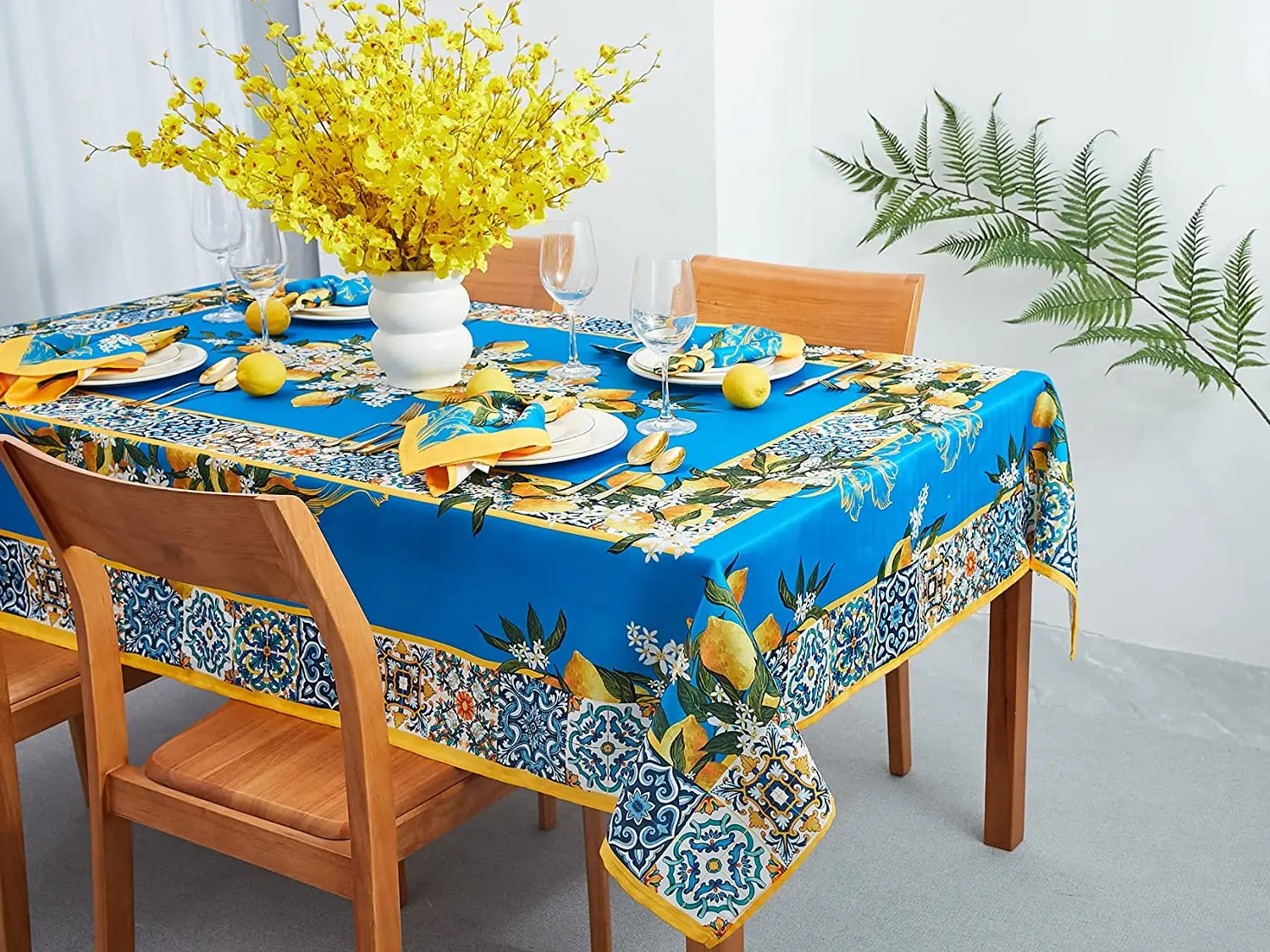 Blue Lemon Mediterranean Tile Waterproof Tablecloth Wedding Decorations Spring Rectangle Tablecloth for Picnics Party Decor