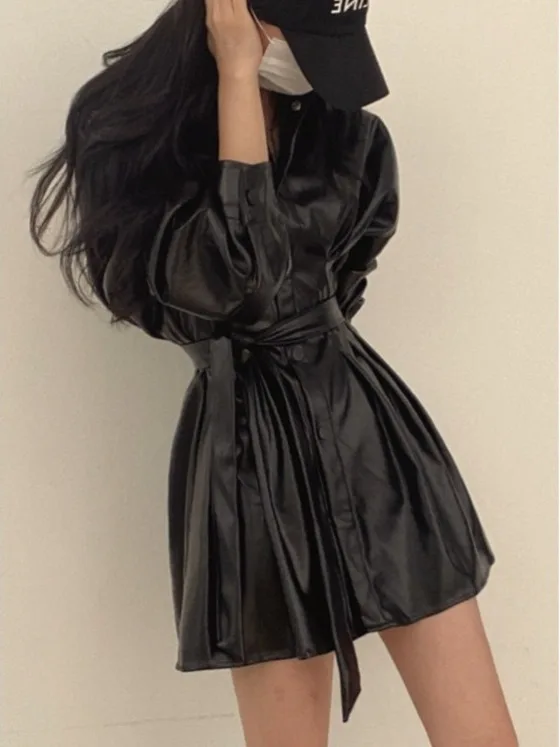 

Шикарное байкерское кожаное пальто средней длины с v-образным вырезом на одной пуговице и завязкой на талии, женское пальто Faion Commute Sle Long Sve