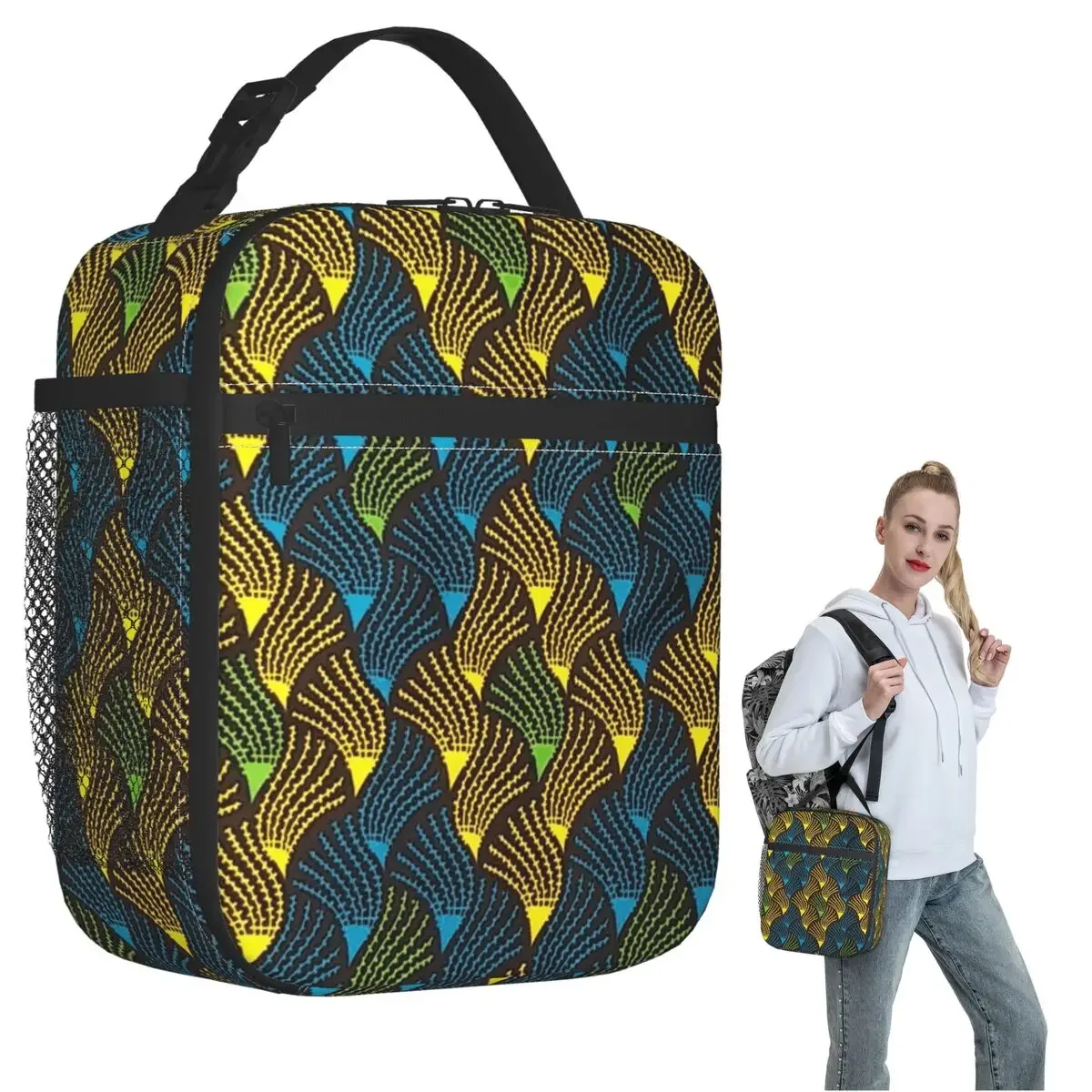 African Ankara Wax Print Insulated Lunch Bag for Women Kids Portable Food Boxes Thermal Lunch Box Tote