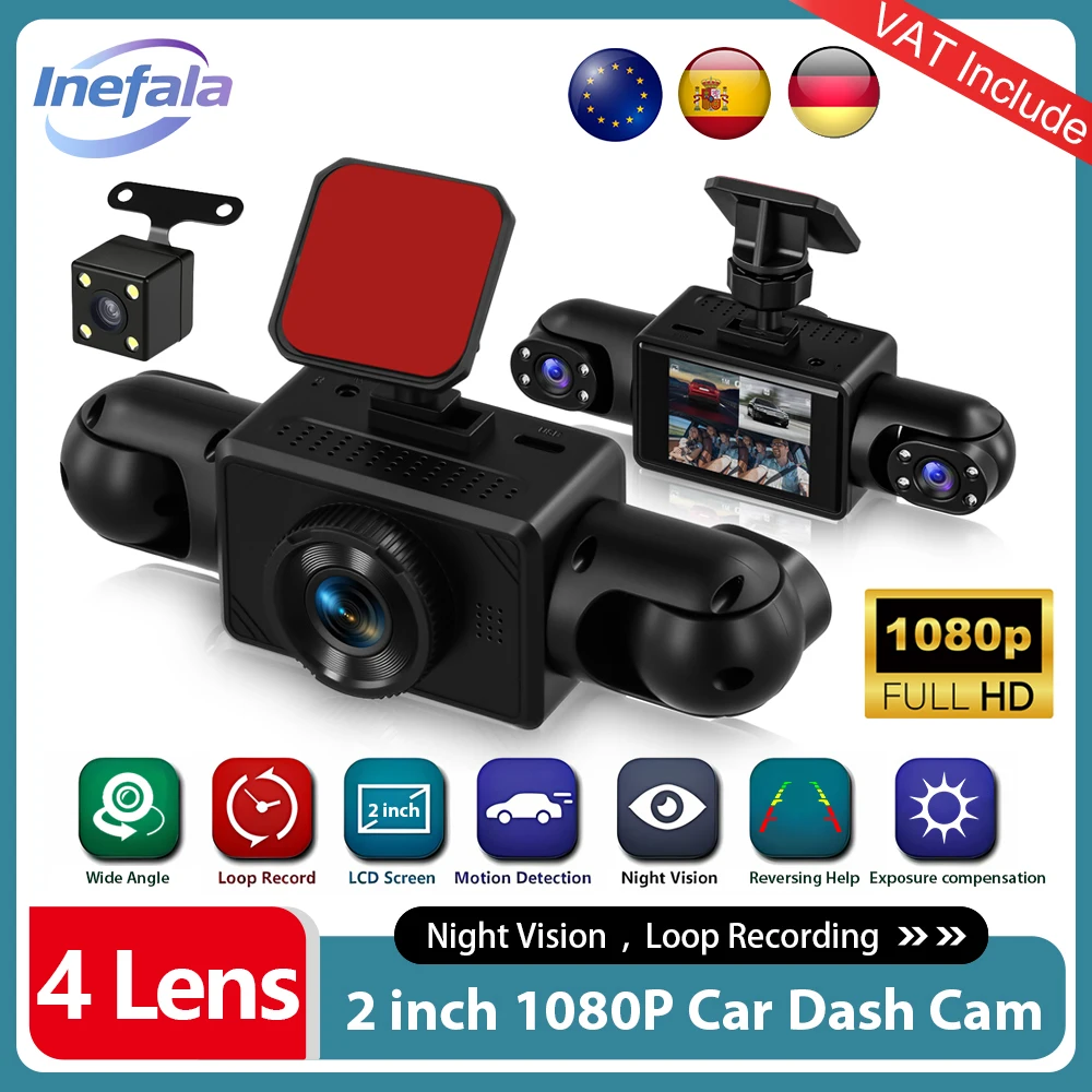 Podofo 4 cámaras de coche DVR 360 grados 4CH Dash Cam HD 1080P 2 "grabadora de coche 24H Monitor de estacionamiento cámara de visión trasera delantera derecha izquierda