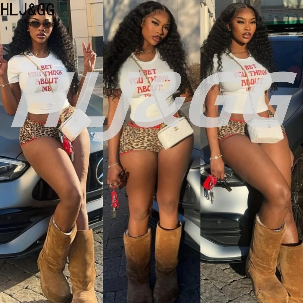 HLJ&GG Trend Fashion Leopard Print Shorts Two Piece Sets Women Letter Round Neck Slim Crop Top And Shorts Outfits Y2K Streetwear