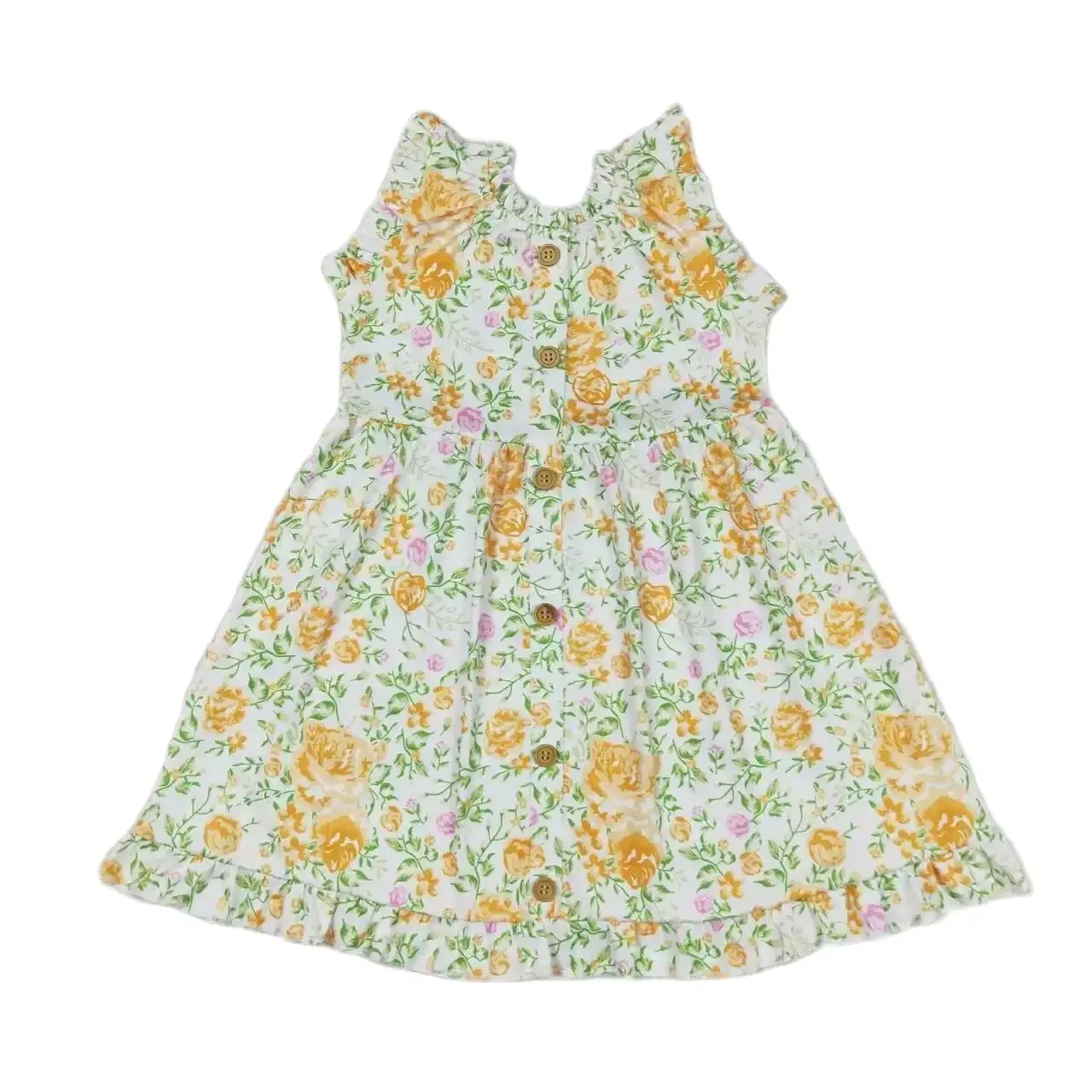 

GSD0983 Kids Girls Dresses Sleeves Top Yellow Flowers Green Leaves Print With Dress Children Clothes