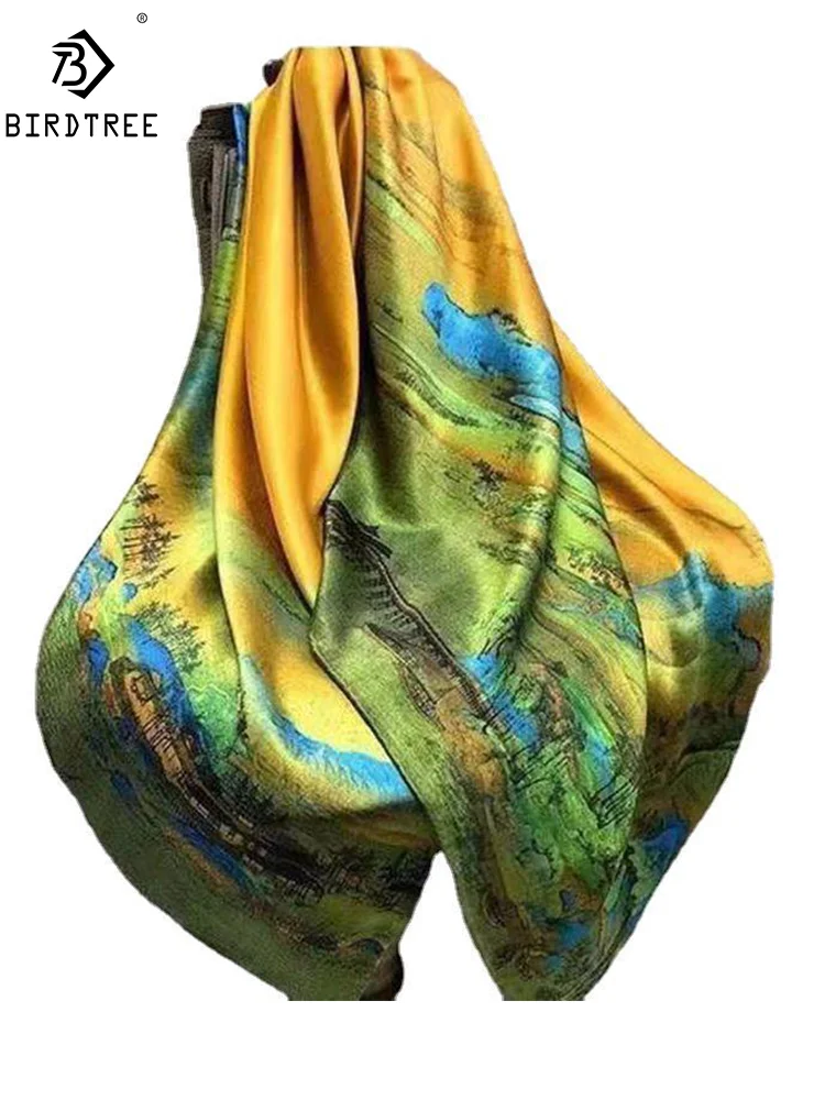 

BirdTree, 16MM 100%Pure Slik Elegant Kerchief, 135cm Chinese Printed, Mom Gift Commute Retro Scarf, 2024 Summer Autumn A465119QM